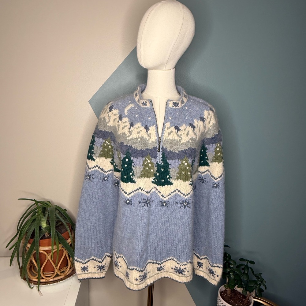 Icelandic Design 1998 Wool Angora Nordic Sweater L Reindeer Quarter Zip - Picture 3 of 12